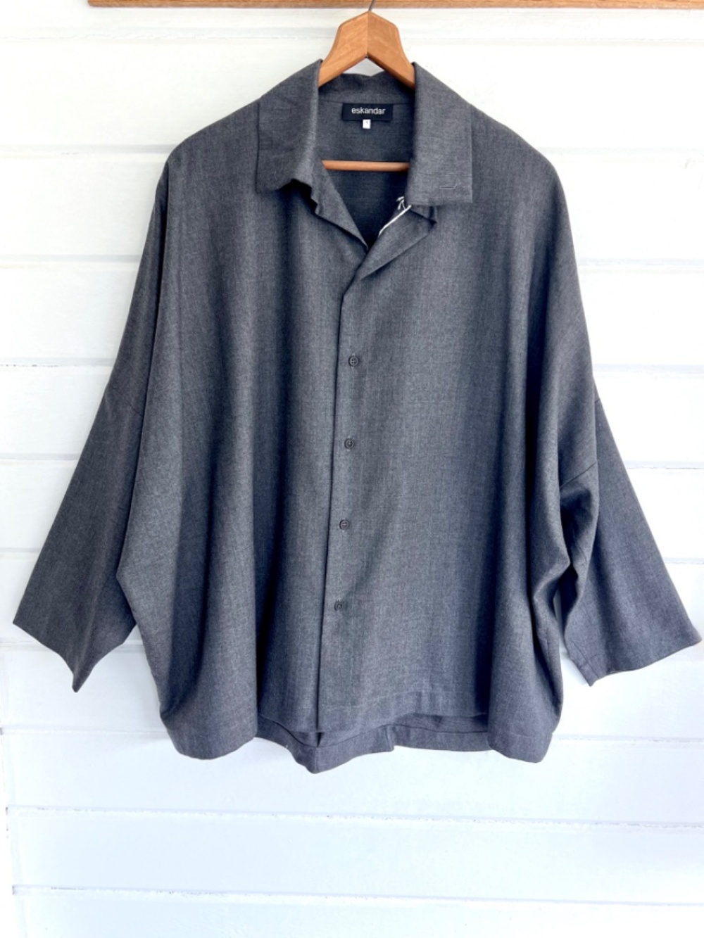ESKANDAR Sloped Shoulder Crunch Neck Button Up Shirt with Back Pleat- NWT! - 1/S
